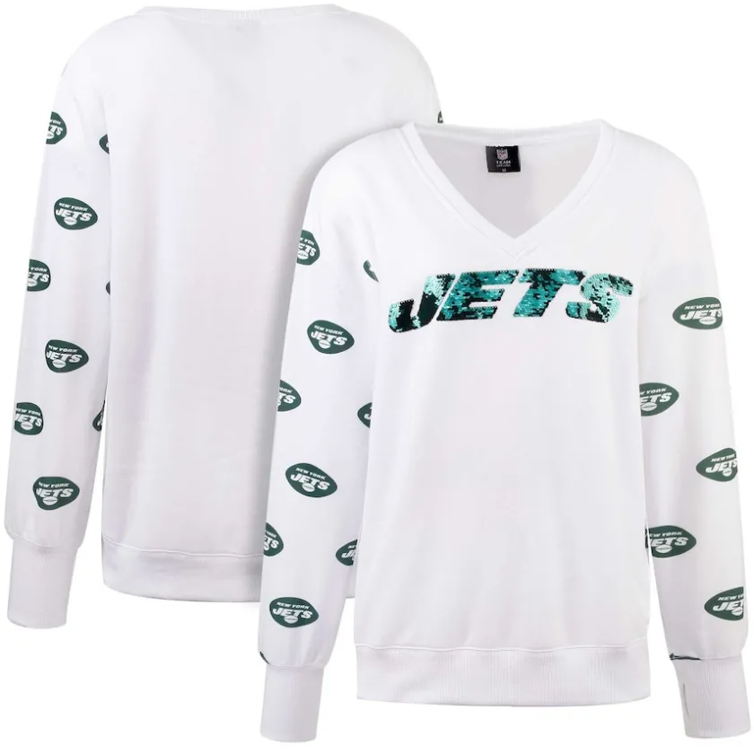 Sweatshirts & Fleece|Women^New York Jets Women's Cuce White Sequin Fleece V-Neck T-Shirt