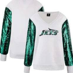 Sweatshirts & Fleece|Women^New York Jets Women's Cuce White Sequin Sleeve V-Neck Pullover Sweatshirt