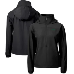 Jackets|Sweatshirts & Fleece^New York Jets Women's Cutter & Buck Black Primary Logo Charter Eco Recycled Half-Zip Hoodie Anorak Jacket
