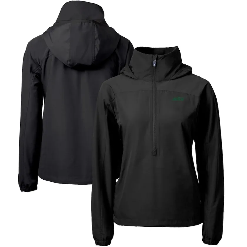 Jackets|Sweatshirts & Fleece^New York Jets Women's Cutter & Buck Black Primary Logo Charter Eco Recycled Half-Zip Hoodie Anorak Jacket