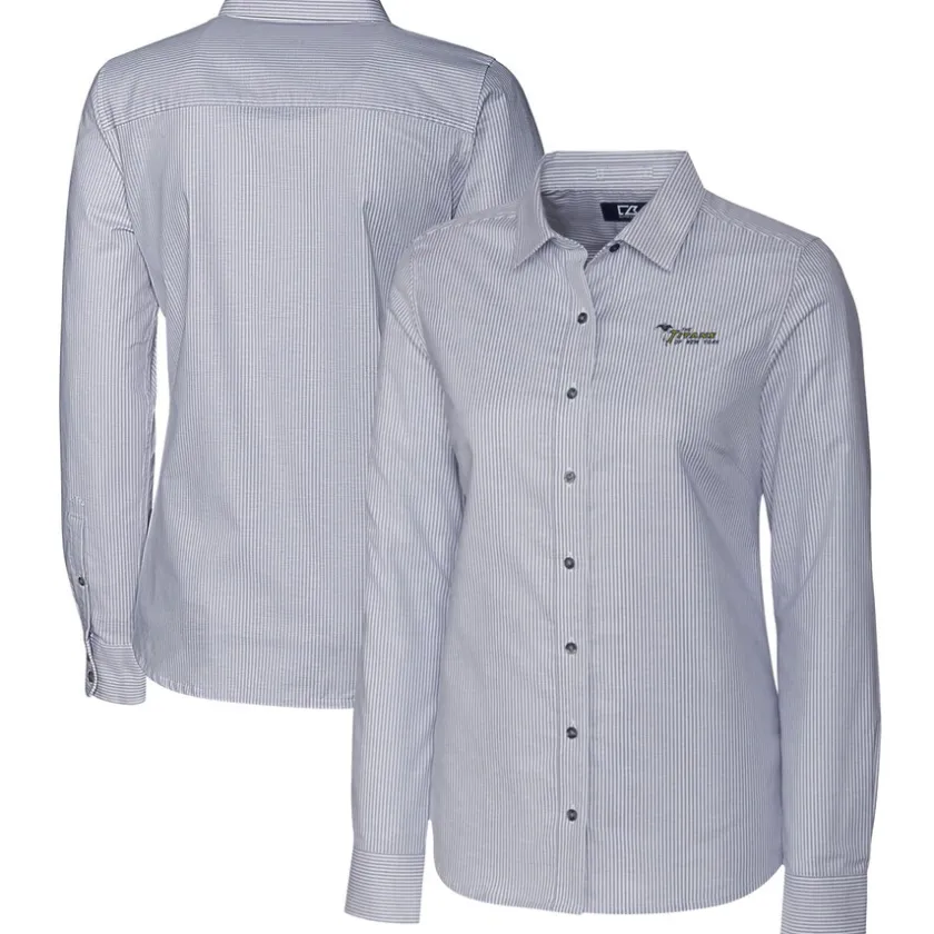 Sweaters & Dress Shirts^New York Jets Women's Cutter & Buck Charcoal Throwback Logo Stretch Oxford Stripe Long Sleeve Button-Up Shirt