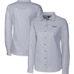 Sweaters & Dress Shirts^New York Jets Women's Cutter & Buck Charcoal Throwback Logo Stretch Oxford Stripe Long Sleeve Button-Up Shirt