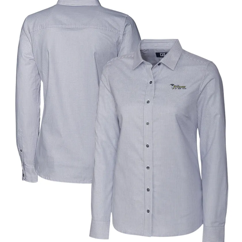 Sweaters & Dress Shirts^New York Jets Women's Cutter & Buck Charcoal Throwback Logo Stretch Oxford Stripe Long Sleeve Button-Up Shirt