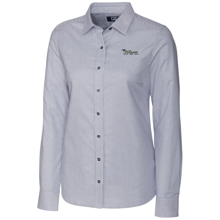 Sweaters & Dress Shirts^New York Jets Women's Cutter & Buck Charcoal Throwback Logo Stretch Oxford Stripe Long Sleeve Button-Up Shirt