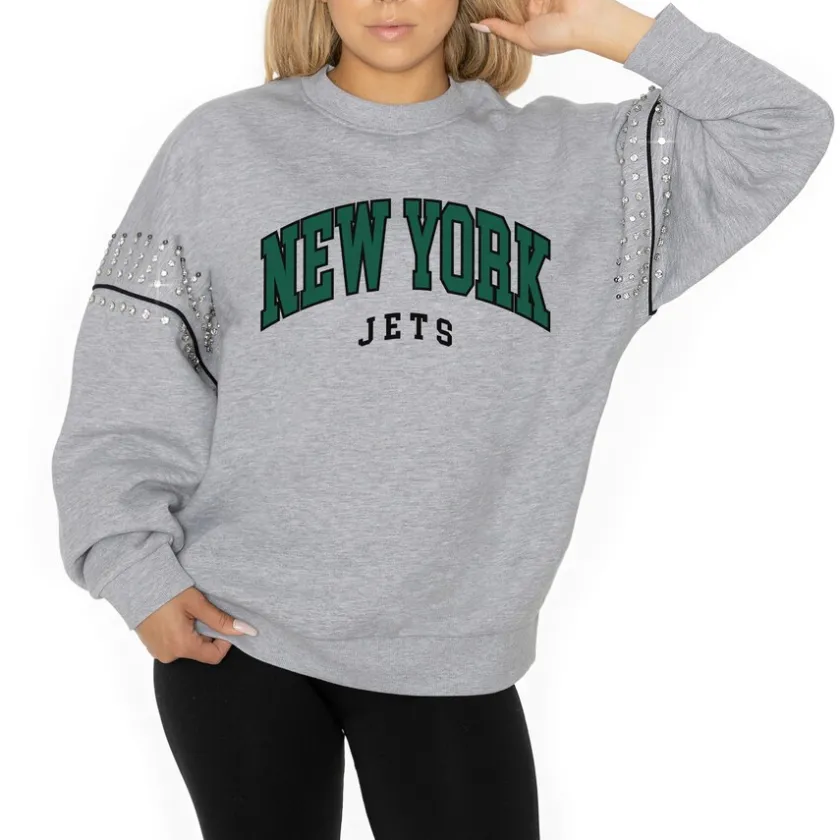 Jackets|Sweatshirts & Fleece^New York Jets Women's Gameday Couture Ash Rhinestone Drop Shoulder Oversized Fleece Pullover Sweatshirt