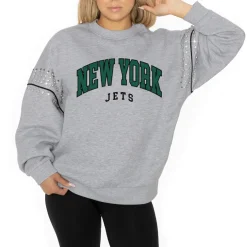 Jackets|Sweatshirts & Fleece^New York Jets Women's Gameday Couture Ash Rhinestone Drop Shoulder Oversized Fleece Pullover Sweatshirt