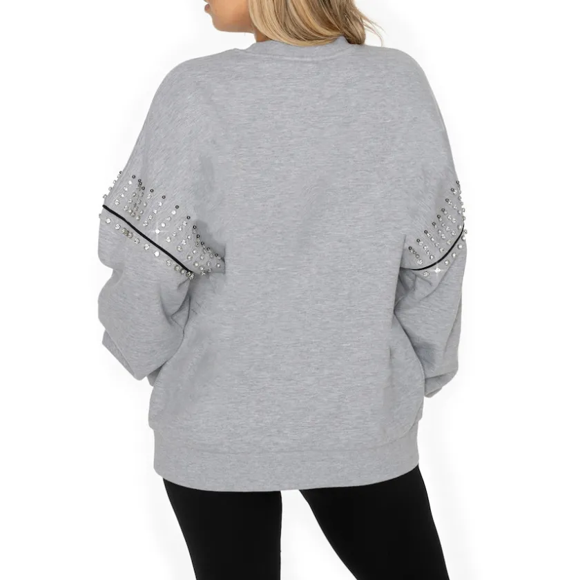 Jackets|Sweatshirts & Fleece^New York Jets Women's Gameday Couture Ash Rhinestone Drop Shoulder Oversized Fleece Pullover Sweatshirt