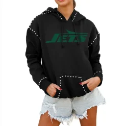 Jackets^New York Jets Women's Gameday Couture Black Catch The Vibe Studded Pullover Hoodie