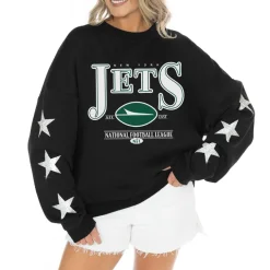 Jackets|Sweatshirts & Fleece^New York Jets Women's Gameday Couture Black Rhinestone Star Sleeve Settle The Score Tri-Blend Pullover