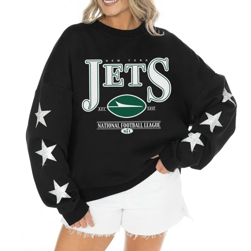 Jackets|Sweatshirts & Fleece^New York Jets Women's Gameday Couture Black Rhinestone Star Sleeve Settle The Score Tri-Blend Pullover