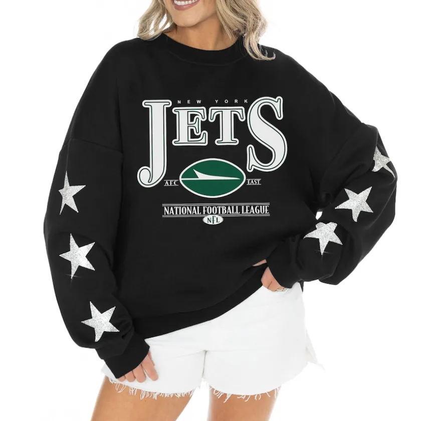 Jackets|Sweatshirts & Fleece^New York Jets Women's Gameday Couture Black Rhinestone Star Sleeve Settle The Score Tri-Blend Pullover