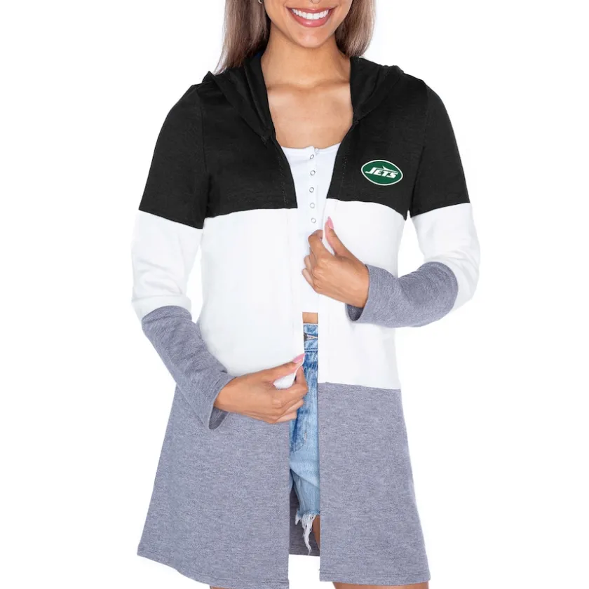 Sweaters & Dress Shirts|Sweaters^New York Jets Women's Gameday Couture Black Tri-Blend Color Block Lightweight Cardigan Hoodie