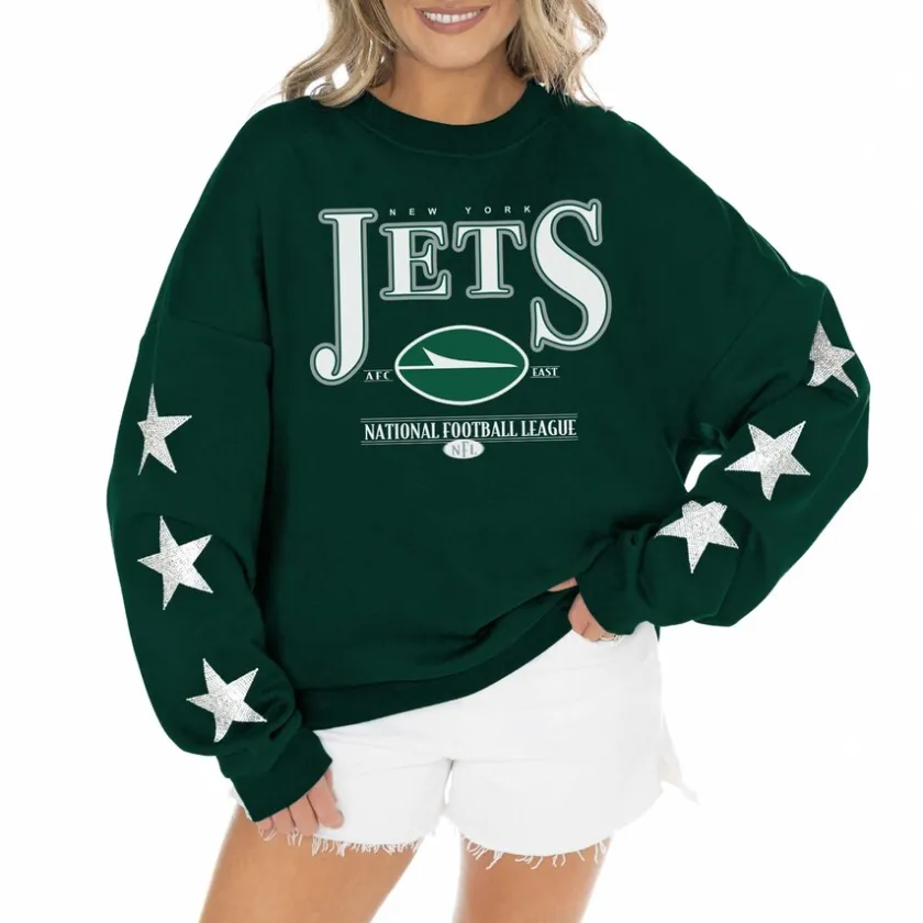 Sweatshirts & Fleece|Women^New York Jets Women's Gameday Couture Green Rhinestone Star Sleeve Settle The Score Tri-Blend Pullover Sweatshirt