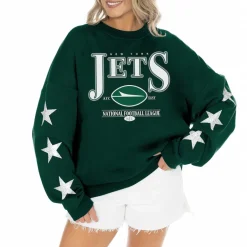 Sweatshirts & Fleece|Women^New York Jets Women's Gameday Couture Green Rhinestone Star Sleeve Settle The Score Tri-Blend Pullover Sweatshirt