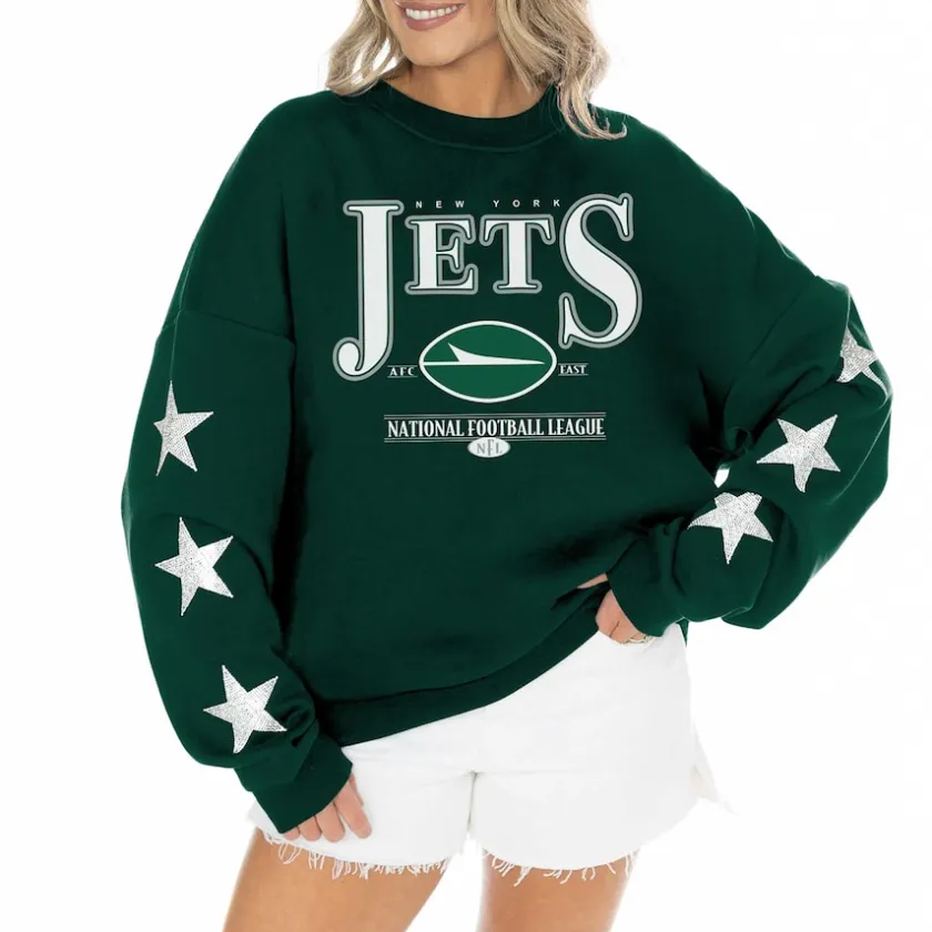 Sweatshirts & Fleece|Women^New York Jets Women's Gameday Couture Green Rhinestone Star Sleeve Settle The Score Tri-Blend Pullover Sweatshirt