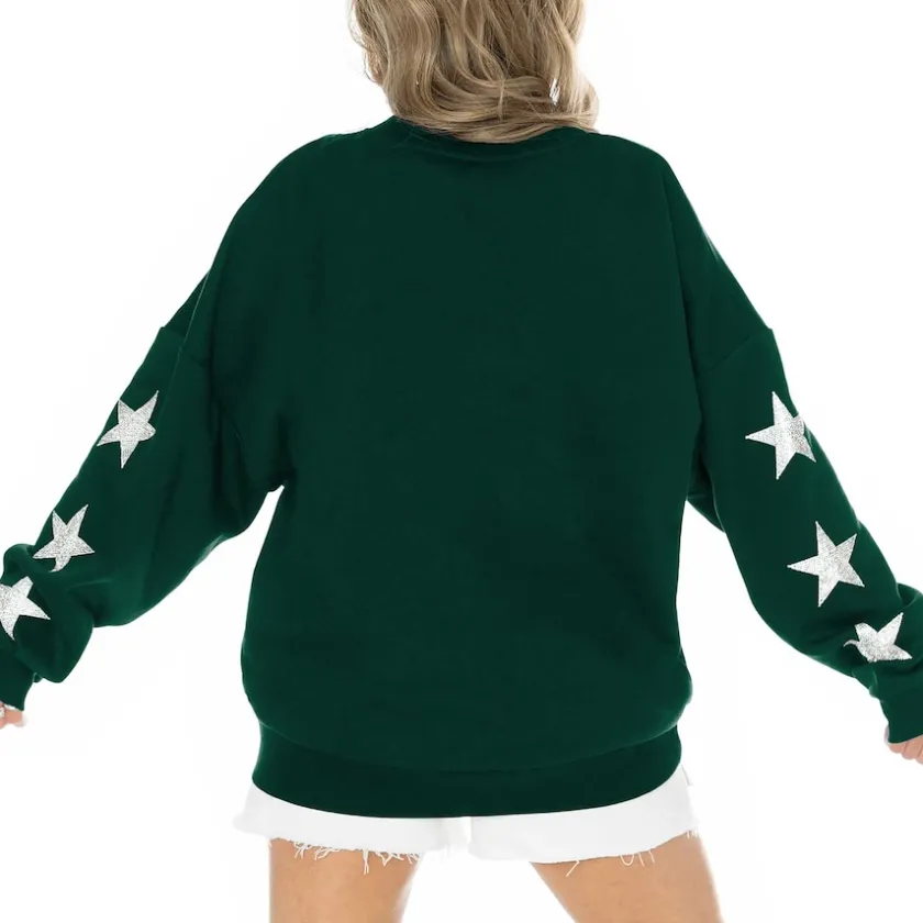 Sweatshirts & Fleece|Women^New York Jets Women's Gameday Couture Green Rhinestone Star Sleeve Settle The Score Tri-Blend Pullover Sweatshirt