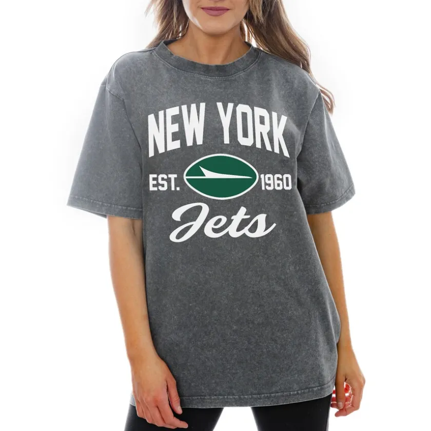 T-Shirts|Women^New York Jets Women's Gameday Couture Gray Tackle Titan Relaxed Fit T-Shirt