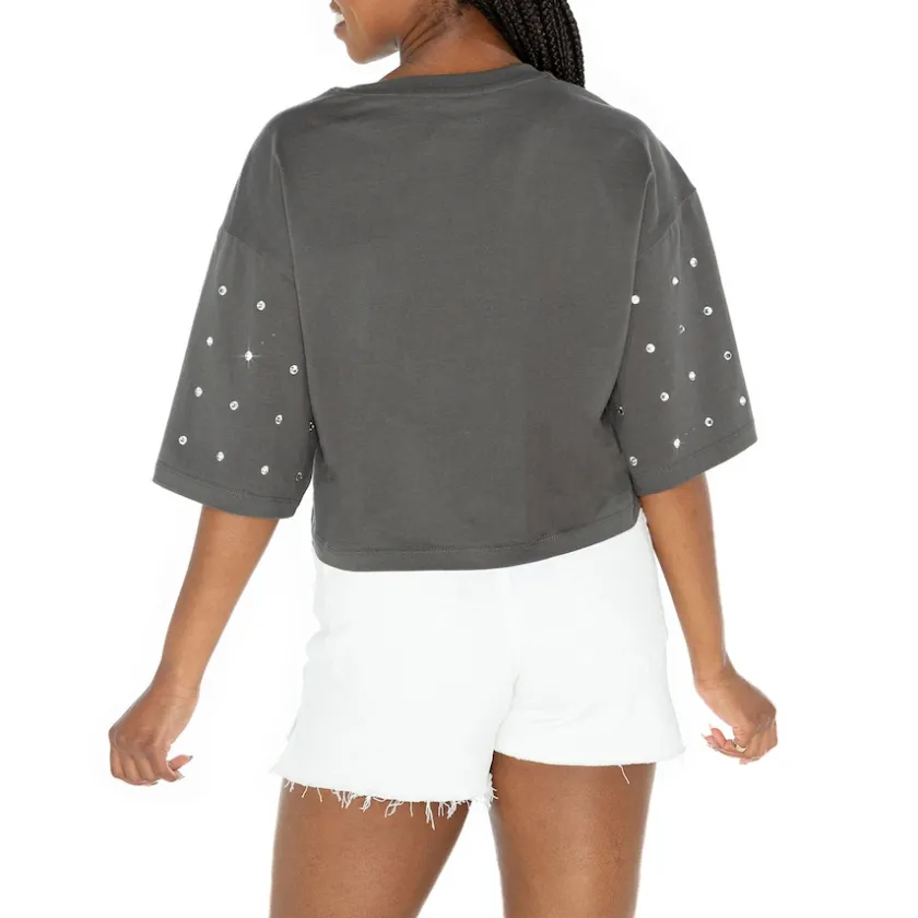 T-Shirts|Women^New York Jets Women's Gameday Couture Gray All-Over Rhinestone Cropped Oversized T-Shirt