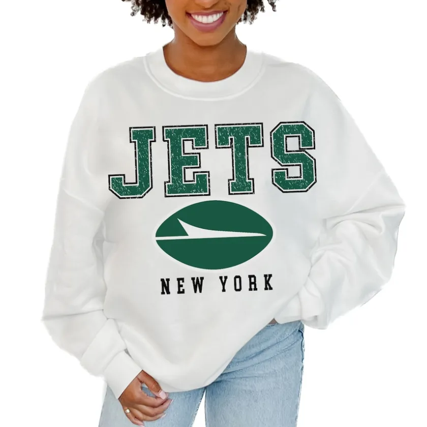 Jackets|Sweatshirts & Fleece^New York Jets Women's Gameday Couture White Sunday Drives Oversized Crewneck Pullover Sweatshirt