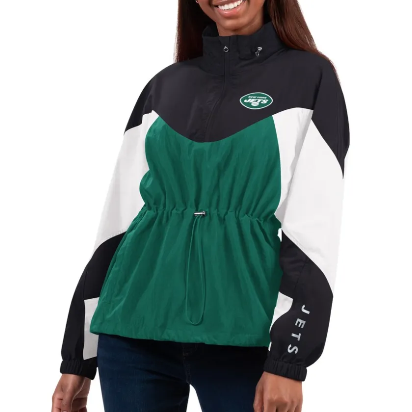 Jackets|Sweatshirts & Fleece^New York Jets Women's G-III 4Her By Carl Banks Green/Black Tie Breaker Lightweight Quarter-Zip Jacket