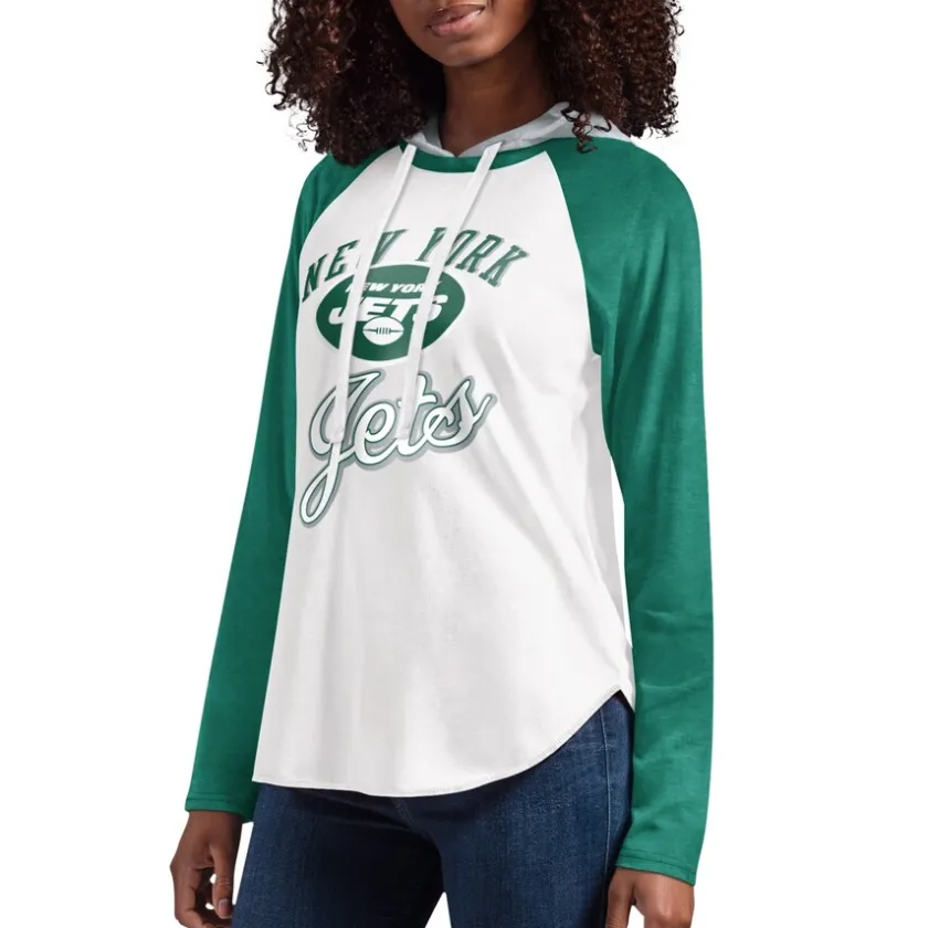 T-Shirts|Women^New York Jets Women's G-III 4Her By Carl Banks White MVP Raglan Hooded Long Sleeve T-Shirt
