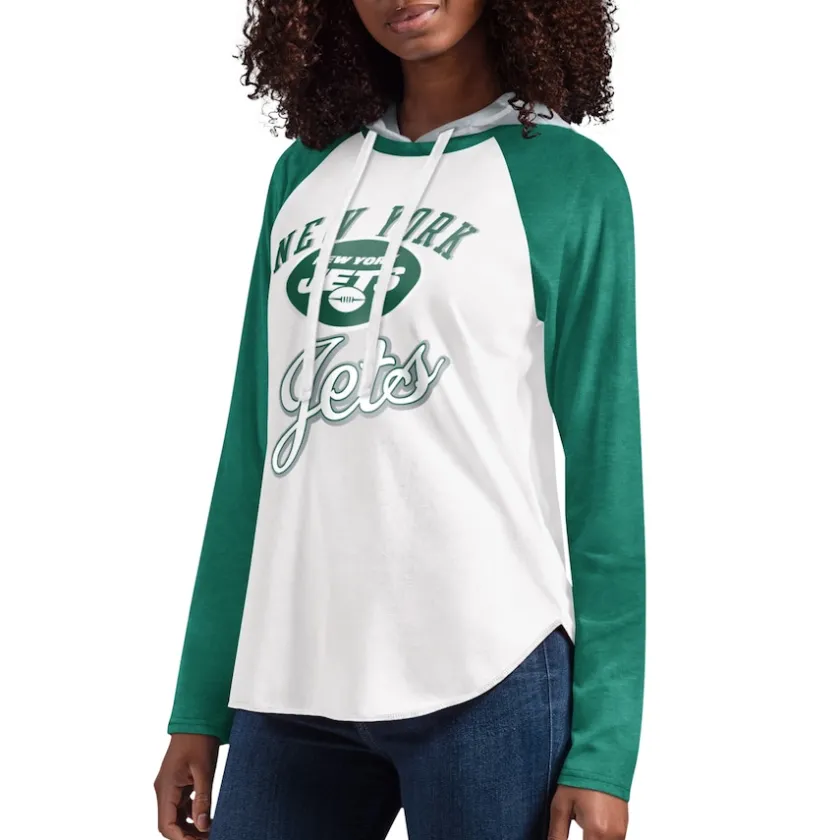 T-Shirts|Women^New York Jets Women's G-III 4Her By Carl Banks White MVP Raglan Hooded Long Sleeve T-Shirt