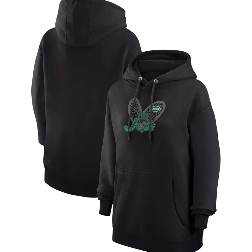 Jackets^New York Jets Women's G-III 4Her By Carl Banks Black Animal Print Heart Team Graphic Fleece Tri-Blend Pullover Hoodie