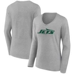 T-Shirts|Women^New York Jets Women's Heather Gray Logo Team Lockup Long Sleeve V-Neck T-Shirt