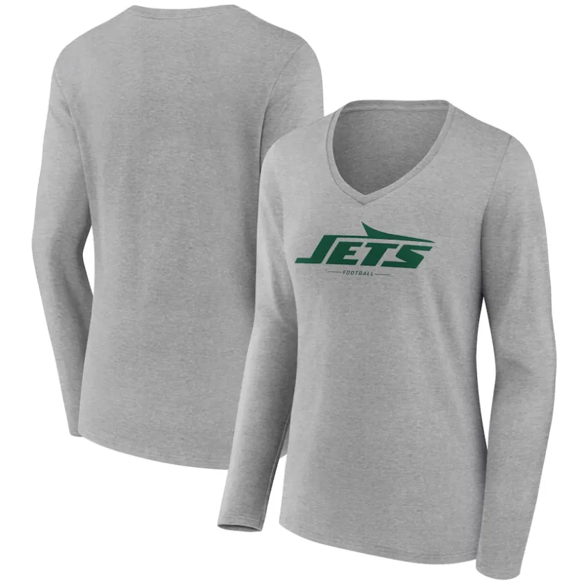 T-Shirts|Women^New York Jets Women's Heather Gray Logo Team Lockup Long Sleeve V-Neck T-Shirt