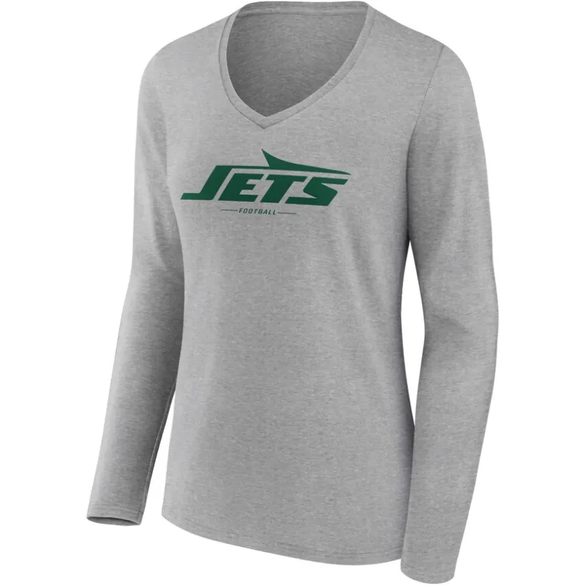 T-Shirts|Women^New York Jets Women's Heather Gray Logo Team Lockup Long Sleeve V-Neck T-Shirt