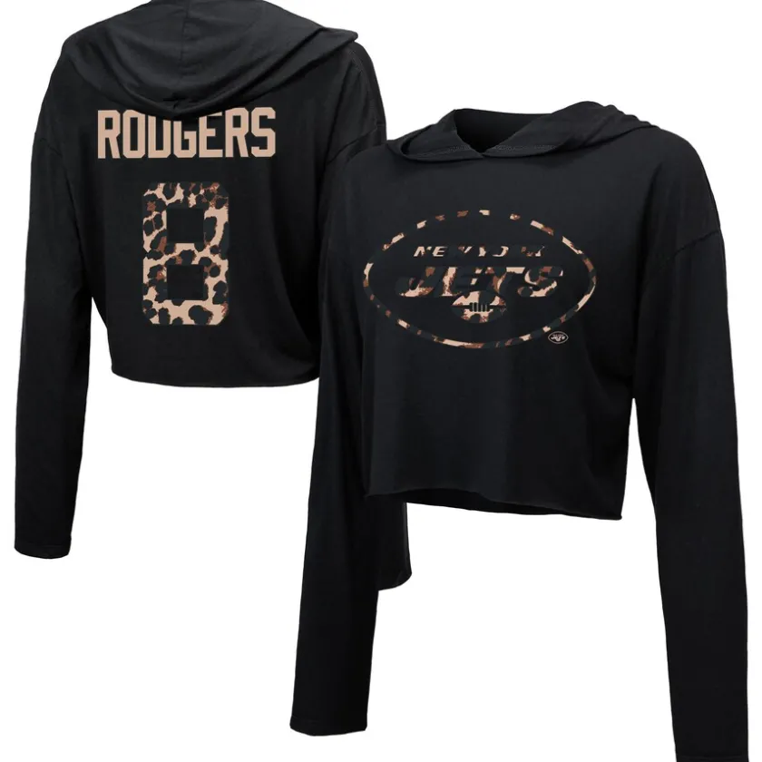 Sweatshirts & Fleece|Women^New York Jets Women's Majestic Threads Aaron Rodgers Black Leopard Player Name & Number Long Sleeve Cropped Hoodie