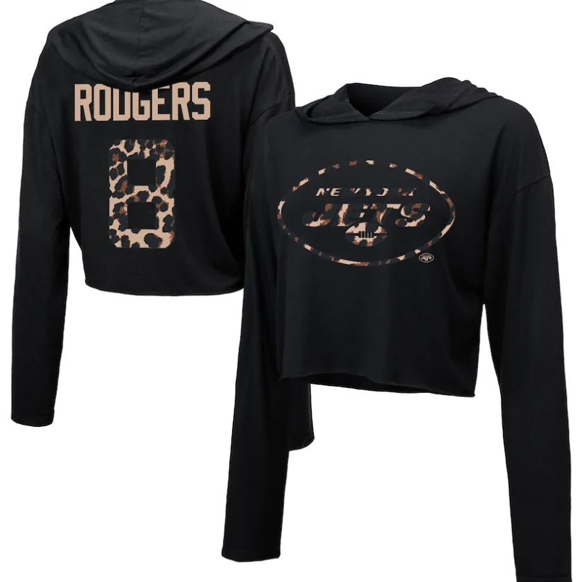 Sweatshirts & Fleece|Women^New York Jets Women's Majestic Threads Aaron Rodgers Black Leopard Player Name & Number Long Sleeve Cropped Hoodie