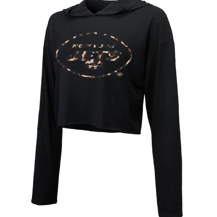 Sweatshirts & Fleece|Women^New York Jets Women's Majestic Threads Aaron Rodgers Black Leopard Player Name & Number Long Sleeve Cropped Hoodie