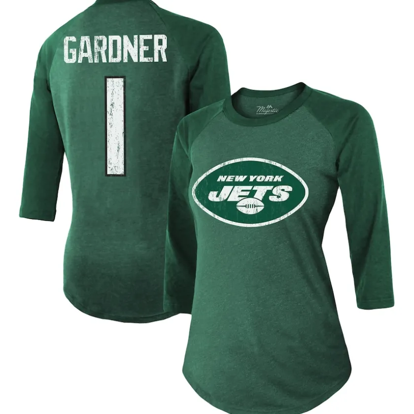 T-Shirts|Women^New York Jets Women's Majestic Threads Ahmad Sauce Gardner Green Player Name & Number Tri-Blend 3/4-Sleeve Fitted T-Shirt