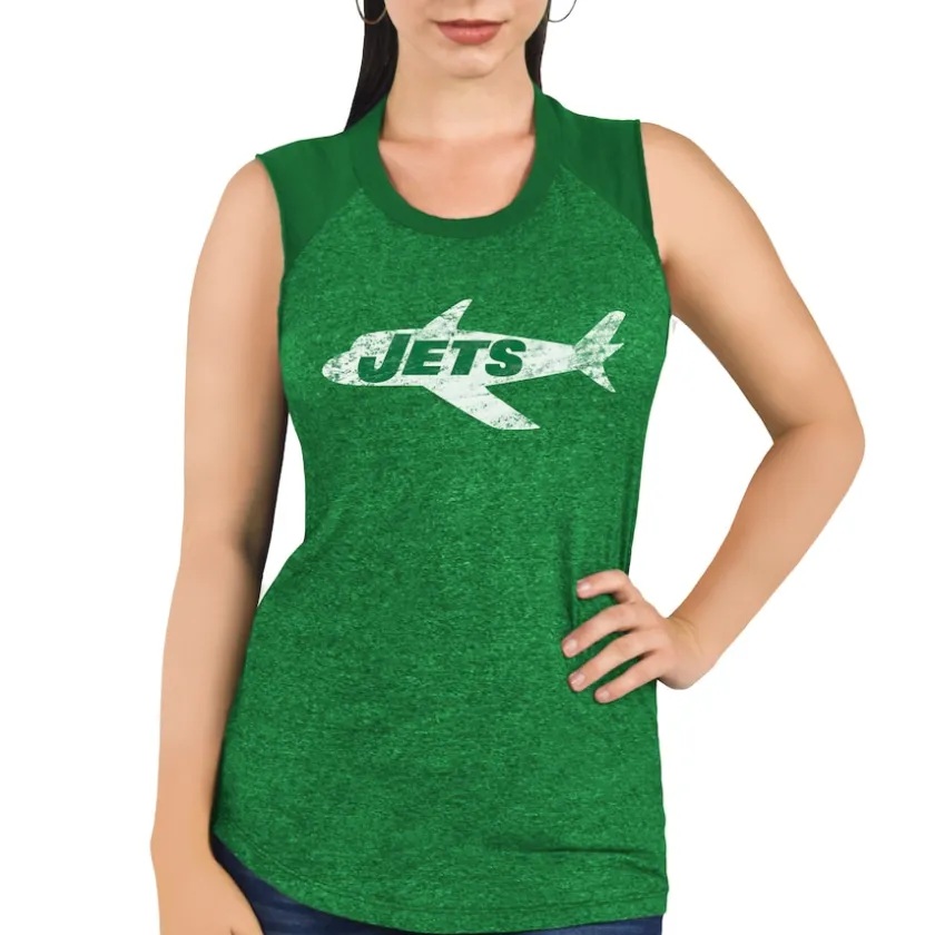 Tank Tops^New York Jets Women's Majestic Threads Kelly Green Retro Tri-Blend Raglan Muscle Tank Top
