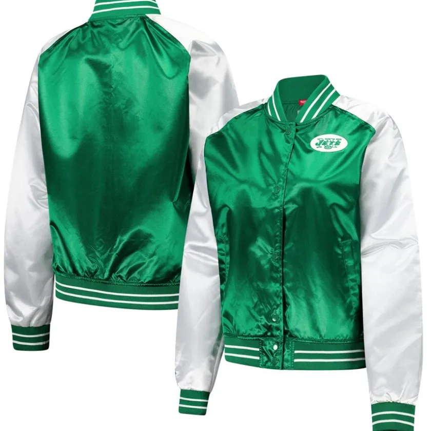 Jackets^New York Jets Women's Mitchell & Ness Green Team 2.0 Satin Raglan Full-Snap Jacket