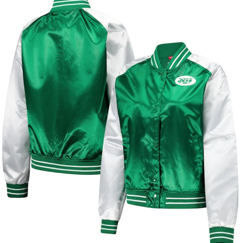 Jackets^New York Jets Women's Mitchell & Ness Green Team 2.0 Satin Raglan Full-Snap Jacket