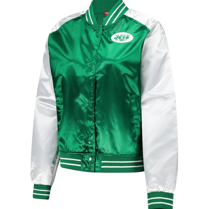 Jackets^New York Jets Women's Mitchell & Ness Green Team 2.0 Satin Raglan Full-Snap Jacket
