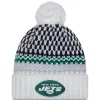 Hats|Women^New York Jets Women's New Era White 2023 Sideline Cuffed Knit Hat With Pom