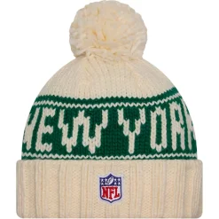 Hats|Women^New York Jets Women's New Era Cream 2024 Sideline Cuffed Knit Hat With Pom