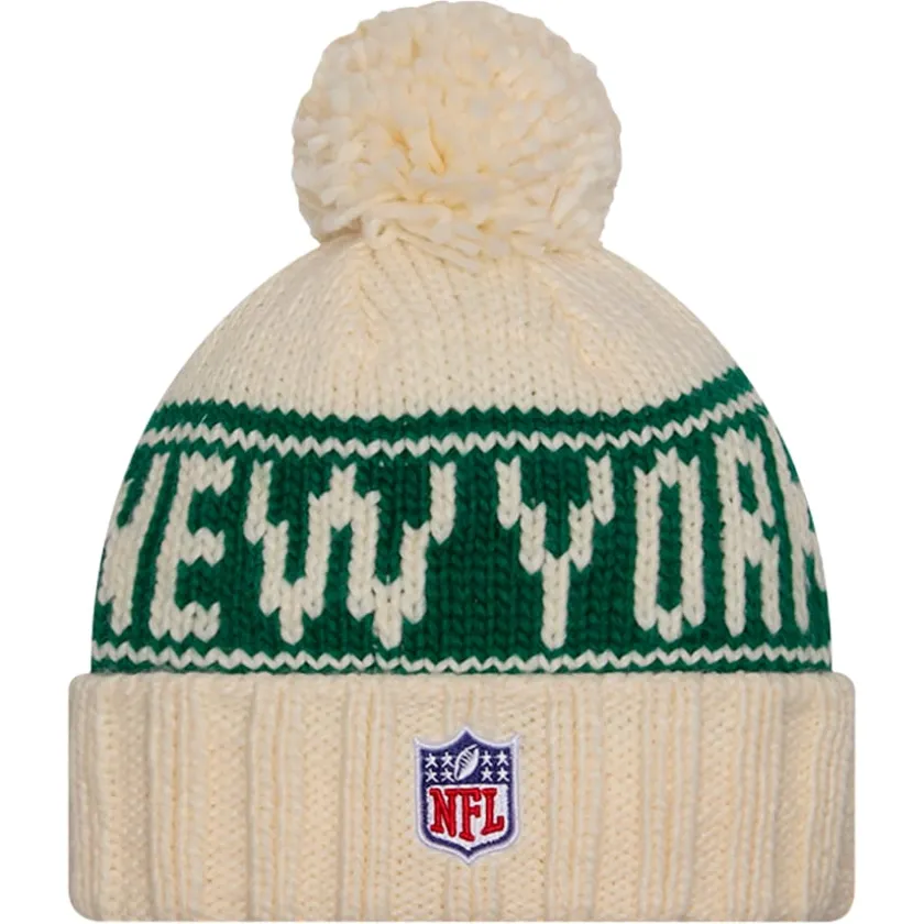 Hats|Women^New York Jets Women's New Era Cream 2024 Sideline Cuffed Knit Hat With Pom