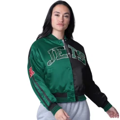 Jackets^New York Jets Women's Starter Green/Black Zone Blitz Cropped Full-Snap Satin Jacket