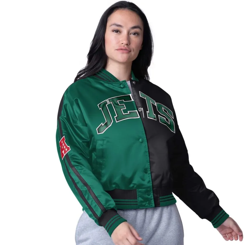 Jackets^New York Jets Women's Starter Green/Black Zone Blitz Cropped Full-Snap Satin Jacket