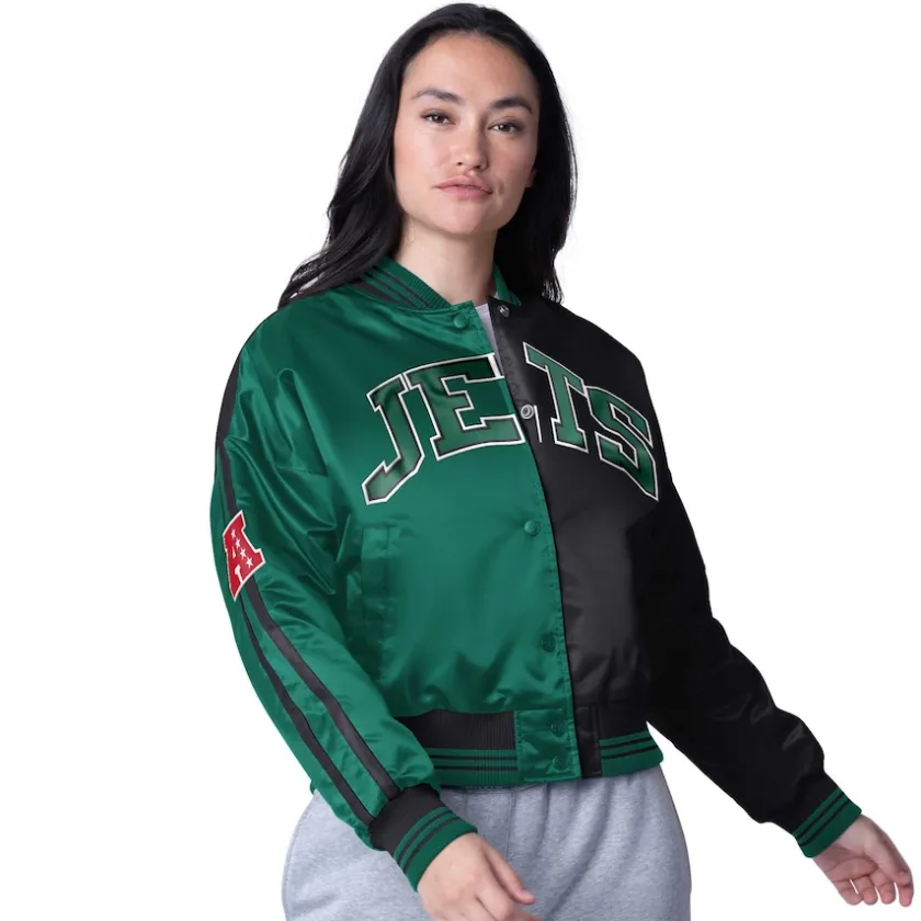 Jackets^New York Jets Women's Starter Green/Black Zone Blitz Cropped Full-Snap Satin Jacket