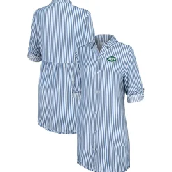 Swimsuits^New York Jets Women's Tommy Bahama Blue/White Chambray Stripe Cover-Up Shirt Dress