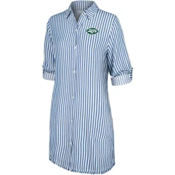 Swimsuits^New York Jets Women's Tommy Bahama Blue/White Chambray Stripe Cover-Up Shirt Dress