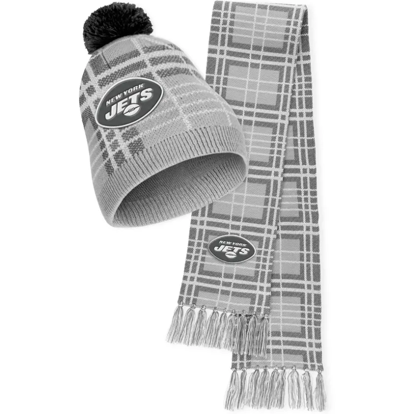 Hats|Women^New York Jets Women's WEAR By Erin Andrews Plaid Knit Hat With Pom & Scarf Set