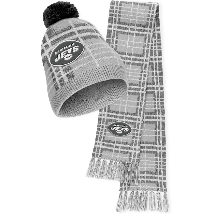 Hats|Women^New York Jets Women's WEAR By Erin Andrews Plaid Knit Hat With Pom & Scarf Set