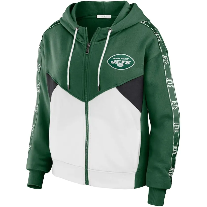 Sweatshirts & Fleece|Women^New York Jets Women's WEAR By Erin Andrews Green/White Plus Size Color Block Full-Zip Hoodie