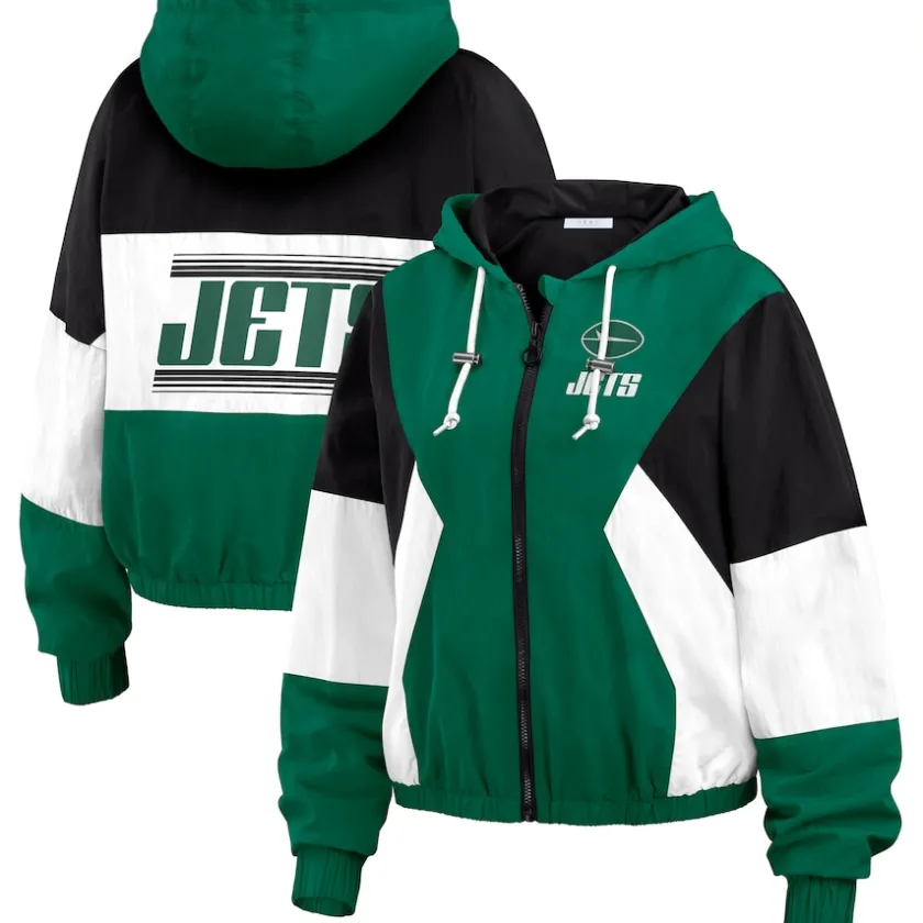 Jackets^New York Jets Women's WEAR By Erin Andrews Green Color Block Full-Zip Windbreaker Jacket